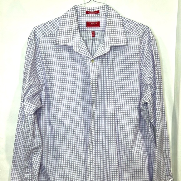 Mens Chaps Checkered Dress Shirt White & Purple long sleeves pocket nice texture - Picture 9 of 11